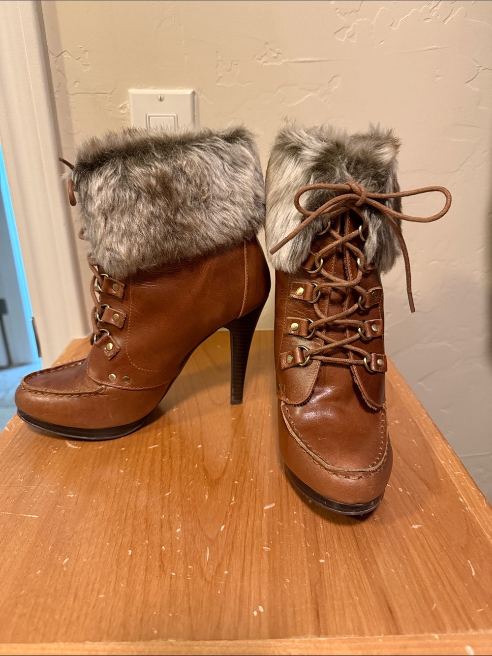 LOFT Brown Faux-Fur Lace-Up High Heel Booties